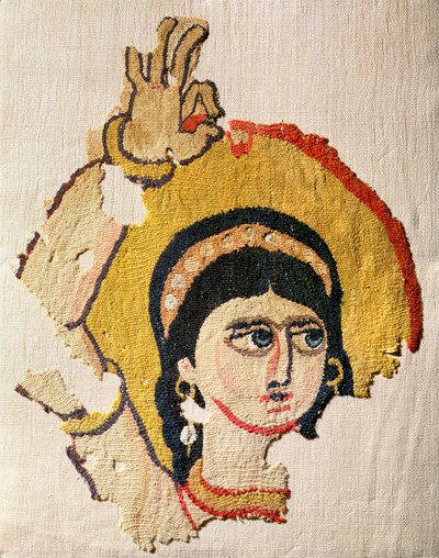 Fragment van een wandtapijt dat het hoofd van een danser afbeeldt door Coptic